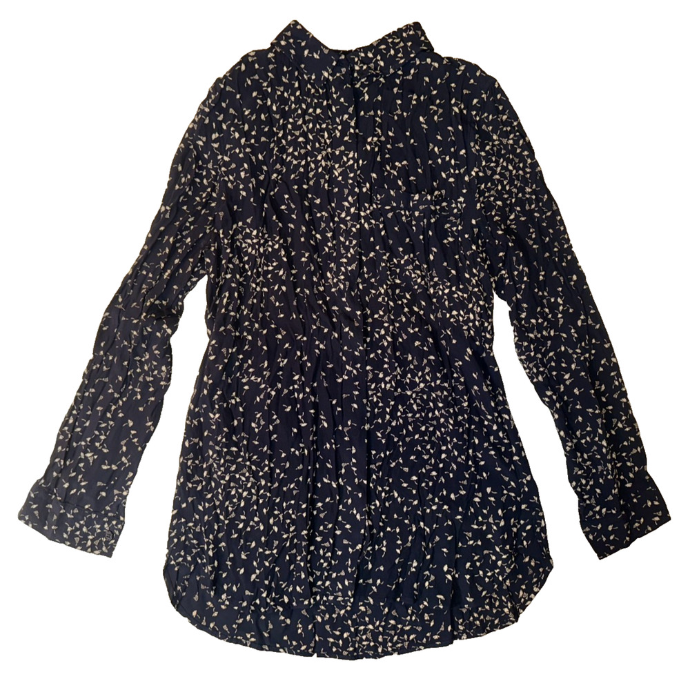 GANNI Floral Crepe Button-Down Long-Sleeve Blouse Blue/Cream Size S Women's